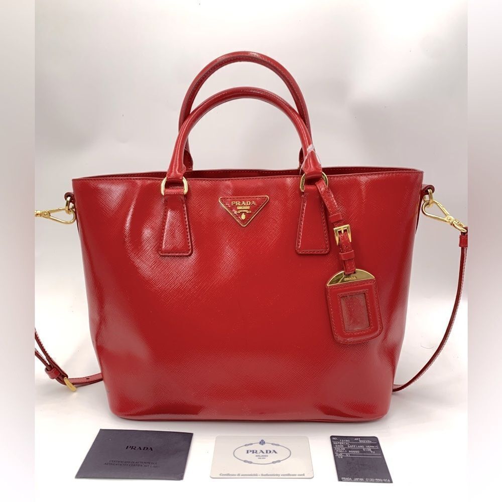 Prada Saffiano Vernice Rosso Red Leather Tote Bag Auth Preloved Patent Purse